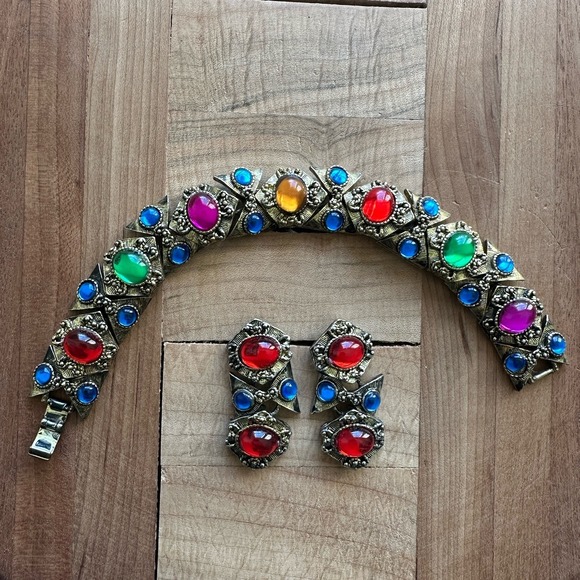 Artisan Crafted Jewelry - VTG Byzantine Etruscan Mogul Cabs Bracelet  7 Inch w Earrings Multicolor Ornate